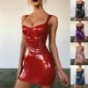 2020 Sexy Backless Club Party Short Dress Solid Black Wet Look Latex Bodycon Faux Leather Push Up Bra Mini Micro Dress Leotard cool