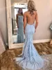 Lichte hemelblauwe zeemeermin prom -jurken Lace Spaghetti -riemen Appliques tule vloer Lengte Backless avondjurken Formele feestjurk1577562