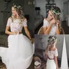 Summer Boho Dwa Kawałki Suknie Ślubne Łódź Neck Krótki Rękaw Koronki Czeski Plaża Suknie Ślubne Długość Szyfonowy Przycisk Wróć Bridal