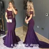 Purple Plus size Evening Formal Dress Long Scoop Sheer Neck With Sleeves Mermaid Satin Lace See Through Designer Prom Dress Cheap ED1293