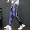 Heren broek streetwear plaid broek joggers heren patchwork blauwe joggingbroek Ankel-lengte katoen hiphop track broek broek