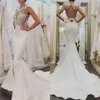 2020 Abiti da sposa sexy a sirena araba con collo gioiello Appliques in pizzo Raso con perline Vedi anche se senza maniche Abiti da sposa aperti sul retro Sweep Train