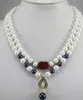 Livraison gratuite2 rangées en gros/au détail beau collier de perles de coquille bleu foncé blanc 8mm + pendentif plaqué cristal perle 14mm