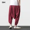 Chinese Style Cotton Linen Men's Cross-Pants Hip Hop Elastic Waist Loose Baggy Hakama Harmen Pants Harajuku Wide Leg Trousers