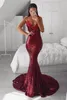 Burgundy Mermaid Prom Dresses Sequined Spaghetti Straps Floor Length Lace Applique Formal Dress Evening Gowns Vestidos De Noiva ogstuff