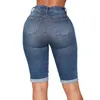 نحيف قصير جينز امرأة عالية الارتفاع مطاطا الدنيم السراويل الإناث الصيف الركبة طول متعرج تمتد قصيرة جينز السراويل