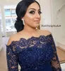 Långärmade formella kvällsklänningar 2018 av axelapplikationer Beading Mermaid Long Navy Blue Prom Party Gowns Vestidos Plus Size Custom