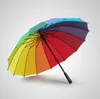 Rainbow Umbrella Long Handle 16K Straight Windproof Colorful Pongee Umbrella Women Men Sunny Rainy Umbrella
