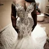 Südafrikanische Plus Size Brautkleider Kristalle Spitze Perlen Flügelärmeln Sweep Zug Sheer Ausschnitt Meerjungfrau Hochzeitskleid Roben De