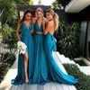 Teal Blue Long Bridesmaids Dresses Cheap 2022 Sexy Deep V-neck Open Back Ruched Long Maid of Honor Dress Wedding Guest Dress vesti256T
