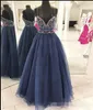 Beaded Navy Blue Prom Dresses Spaghetti Straps A Line Tulle aftonklänning Custom Made Backless Golvlängd formell slitage 403