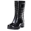 waterproof shoes Women's Rain Boots shiny high qulity PVC booties Mid-calf Bootie Rivet Waterproof Footwear Shoes Zapatos Mujer