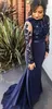 Elegant Navy Blue Mermaid Beaded Evening Dresses With Long Sleeves Jewel Neck Lace Appliqued Prom Gowns Satin Plus Size Formal Dress