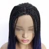 Deux tons Ombre 1B / Violet Twist Lace Front perruques synthétiques résistant à la chaleur cheveux moitié main attachée perruques tressées partie libre pour les femmes noires