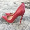 Envío gratis foto real luxura cuero genuino moda mujer dama Vintage serpiente roja pitón punta zapatos de tacones altos