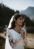 Country Mermaid Wedding Dresses Long Sleeve V Neck Lace Applique Bridal Bowns With Crystal Sash Elastic Satin Sweep Train Wedding 7444915