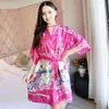 2020 Spring New Ladies Silk Satin Thin Robe Comfort Fresh Style Floral Printed Sleepwear Sexy Nightgown Femme Satin Homewear