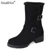 Heißer Verkauf – Schneestiefel mit mittlerem Absatz, Winter-Damenmode, niedrige quadratische Absätze, Schuhe D080, elegante Damen-Stiefeletten, warm, Schwarz, Beige, Braun