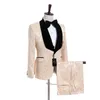 Anpassad Champagne Jacquard Groom Tuxedos Velvet Lapel Groomsmen Män Bröllopsklänning Fashion Man Jacka Blazer Suit (Jacka + Byxor + Vest + Tie) 1069