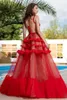 Gorgeous Red See Through Prom Dresses Deep V Neck Sheer Zipper Back Evening Gowns Tiered Tulle Skirt Floor Length Party Dress