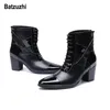 Batzuzhi Limited Edition 7 cm High Heel Men Boots Short Spioste Toe Black Leather Sukienka Buty Mężczyźni Przystojny Lace-Up Botas Hombre