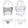 CWLSP Sexy Bling Sequins Crop Tops And G Strings Two Pieces Set Halter Tank Tops Beach Wear Bikini Swimwear QL3953