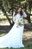 Storlek lång plus ärmklänningar spetsar applicerade rena v hals brudklänningar bohemisk trädgård land bröllop klänning klänning de marie