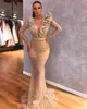 Mermaid Evening Dresses Deep V Neck Long Sleeve Sash Beads Appliques Tulle Prom Dress Sweep Train Formal Dresses