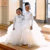 White High Neck Flower Girl Dresses With Sash Long Sleeves Tiers Little Girl Wedding Gowns Lace And Tulle Tiered Girls Pageant Dress