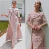 2020 Африканский Дубай Вечерние платья с накидкой Blush Розовый кружевной пятно половины рукава Формальная вечеринка