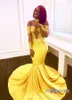 2018 Amarelo Africano Sereia Vestidos de Baile Longo Lace Fora Do Ombro Mangas Compridas Ver Através de Trem Da Varredura Formal Evening Partido Vestidos de Desgaste