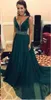 2020 A-Line Deep V-Neck Special Occasion Dresses Chiffon Charming Evening Dresses Hunter Green Prom Dresses Sash With Beaded Sequins