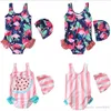 Barn badkläder swan ruffle tjejer bikini simma kepsar baby flamingo blommig baddräkt tecknad randig bad kostym tankini mode rompers byp5206