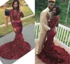 Sexy Burgundy Mermaid Prom Dresses 3D Floral Rose Flowers Lace Appliques Beaded Long Sleeves Open Back Sweep Train Party Evening Gowns