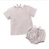 Kids Clothes Baby Solid Cotton Linen Clothing Sets Boys Girls Short Sleeve Top Shorts Suits Summer Breathable T Shirt PP Pants Suit D884