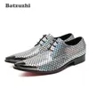 Batzuzhi Luxury Men Dress Shoes Pointed Toe Metal Cap Lace-up Sequins Men Business Leather Shoes Party&Wedding Man Shoes Zapatos