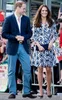 Kate Middleton Kleid mit geometrischem Druck, A-Linie, elegantes, langärmliges, lässiges blaues Kleid W051