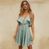 2020 년 여성 여름 스트랩 비치 드레스 섹시한 V 넥 열기로 돌아 가기 레이스 업 프릴 미니 드레스 캐주얼 화이트 드레스