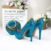 Blue crystal wedding shoes with bag Sets Fashion women's Round Pumps High Heel Pumps party Dress shoes with matching bags