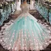 Quinceanera Mint Grüne Kleider D Blumenanwendungen Stickerei Perlenstufte Prinzessin süßer Festzug Promkleid Custom Made gemacht