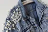 Primavera Autunno Donna Cappotti basic Donna Giacca di jeans Perle Perline Moda Jeans Cappotto Giacche a maniche lunghe larghe 898
