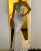 New Sexy Bling branco de paetês de ouro Lace apliques sereia noite Vestidos Sequins Um Sheer ombro para trás Cutaway Sides Formal Prom Vestidos