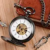 Steampunk Full Black Mechanical Hand Wind Pocket Watch Smooth Double Hunter Case Skeleton Dial Fob Pendant Chain Men Women Clock Gift
