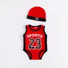 ベビー幼児の衣服ロンパーガールバスケットボールプリント半袖ジャンプスーツ帽子100％コットンサマークライミング衣類1tかわいい