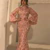2023 Blśnięte cekinowe sukienki balowe wysoko szyi Rose Gold Carzy długie rękawy długość podłogi Syrenka Południowoafrykańska impreza Formalne suknie wieczorowe prawdziwy obraz