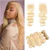 613 Blonde Bundles mit frontaler Körperwelle, 3 Bundles mit 4*4 Spitzenverschluss, vorgezupftes brasilianisches Echthaar