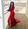 2023 New Red Bling V Neck Mermaid Prom Dresses with Long Sleeve For Black Girls Sexy High Split Evening Dresses Court Train 989