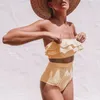 Dziewczyny w paski nieregularny strój kąpielowy womanhigh talii bikini lotos liść dwuskładnikowy stroje kąpielowe moda na plażowy garnitur HHA1336