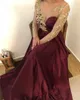 2020 New Burgundy Satin a Line Long Invinence Dresses 2019 Sheer Long Sleeves Gold 3D Floral Lace Aptique Beaded Floor Length Prom 6663275