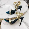 Gratis frakt Mode Kvinnor Pumpar Velvet Gold Buckle Wrap Strappy High Heels Sandaler 10cm Helt ny